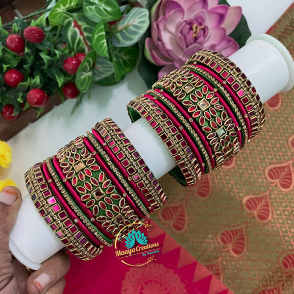 Red Leaf with Burgundy Pink Square  Kundan silk thread Bangle  – BC095
