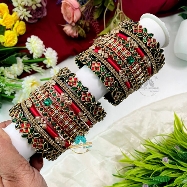 Red with Green Flower design Kundan Silk thread Bangle  – BC120