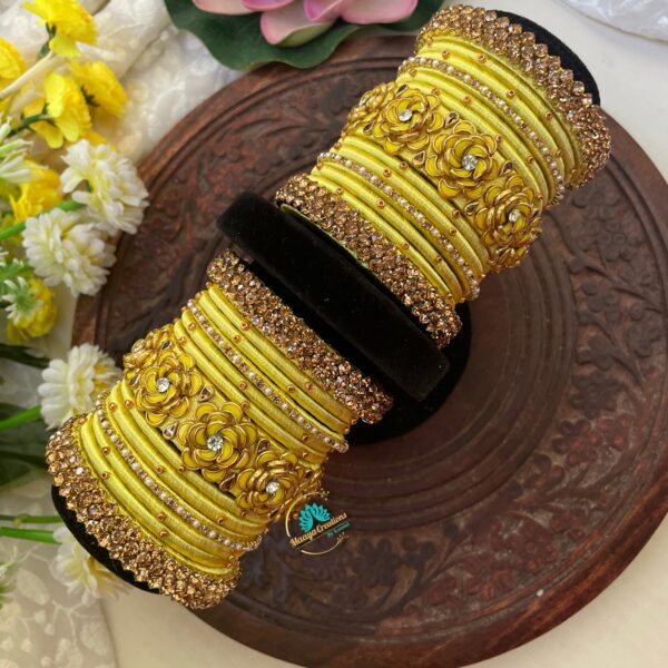 3D – Yellow flower with gold stone Silk thread Bangle - BC205