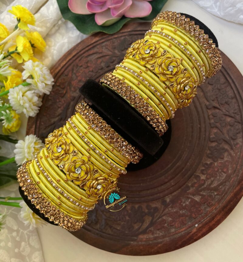 3D – Yellow flower with gold stone Silk thread Bangle - BC205