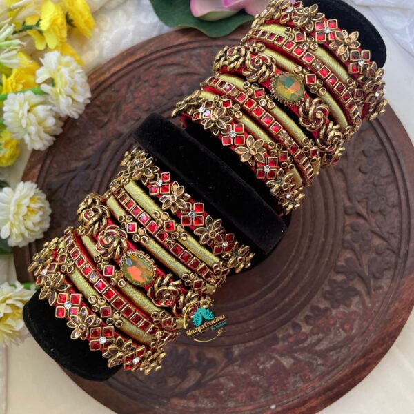 3D – Red flower with gold stone Silk thread Bangle - BC206