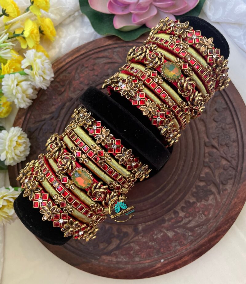3D – Red flower with gold stone Silk thread Bangle - BC206