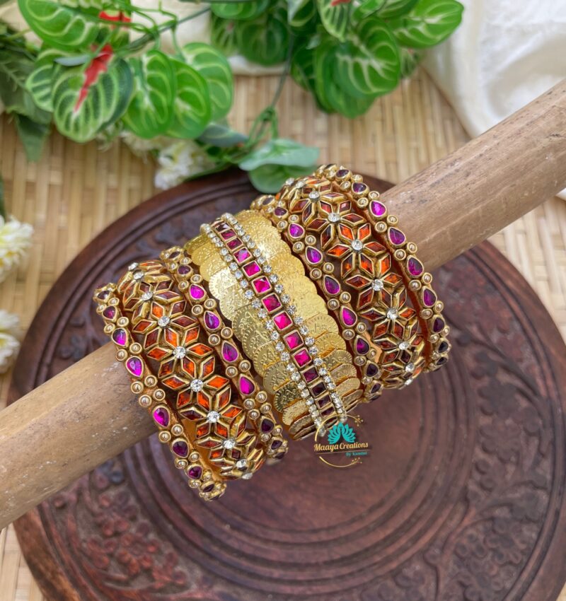 Lakshmi Coin  with Orange Diamond Kundan  Silk Thread Bangle - BC216