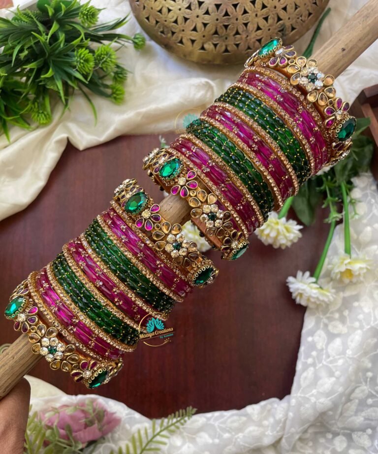 Rani pink with Green Bridal Glass Bangle - BC251 - Maaya Creations