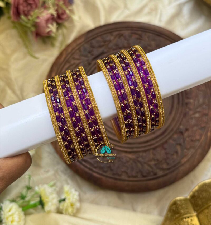 Dark Purple With Gold Glass Bangles Combo- BC339