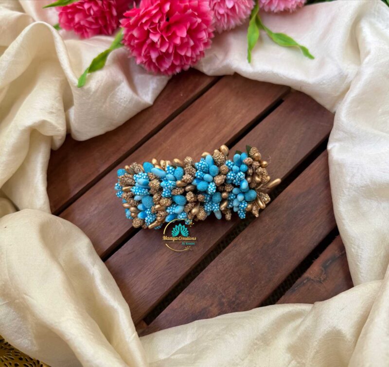 Artificial Gold & Sky Blue Flower Hair Clip– J100