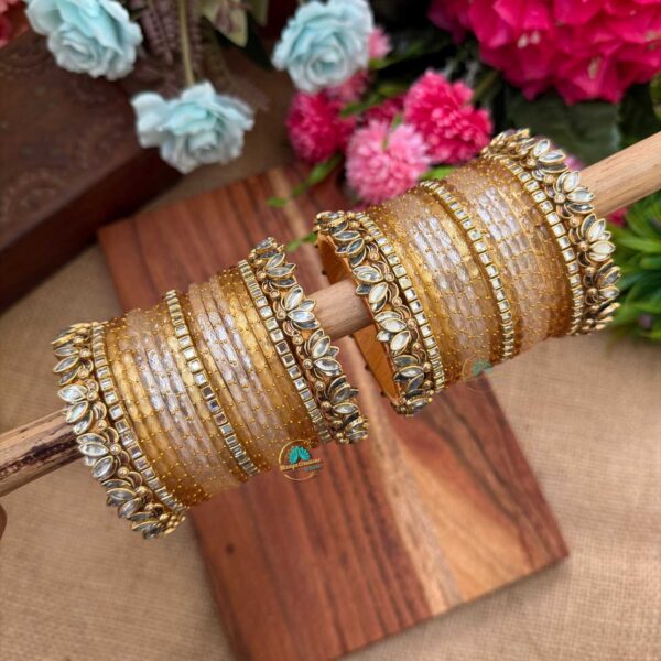 3D-Lotus White & Gold Glass bangles Combo - BC338