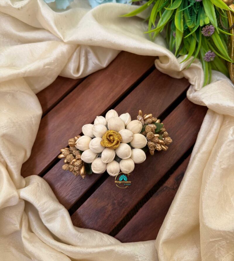 Real Look alike Jasmine White & Gold Rose Hair Clip – J41