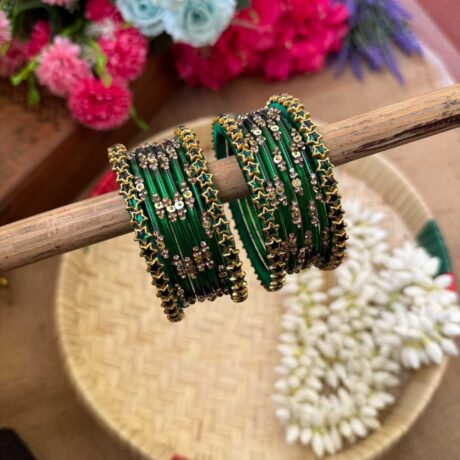 Green Star Silk Thread Glass Bangles Combo- BC377