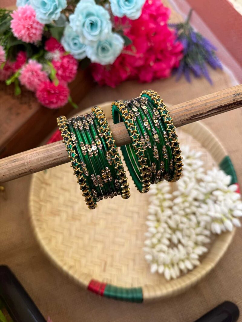 Green Star Silk Thread Glass Bangles Combo- BC377