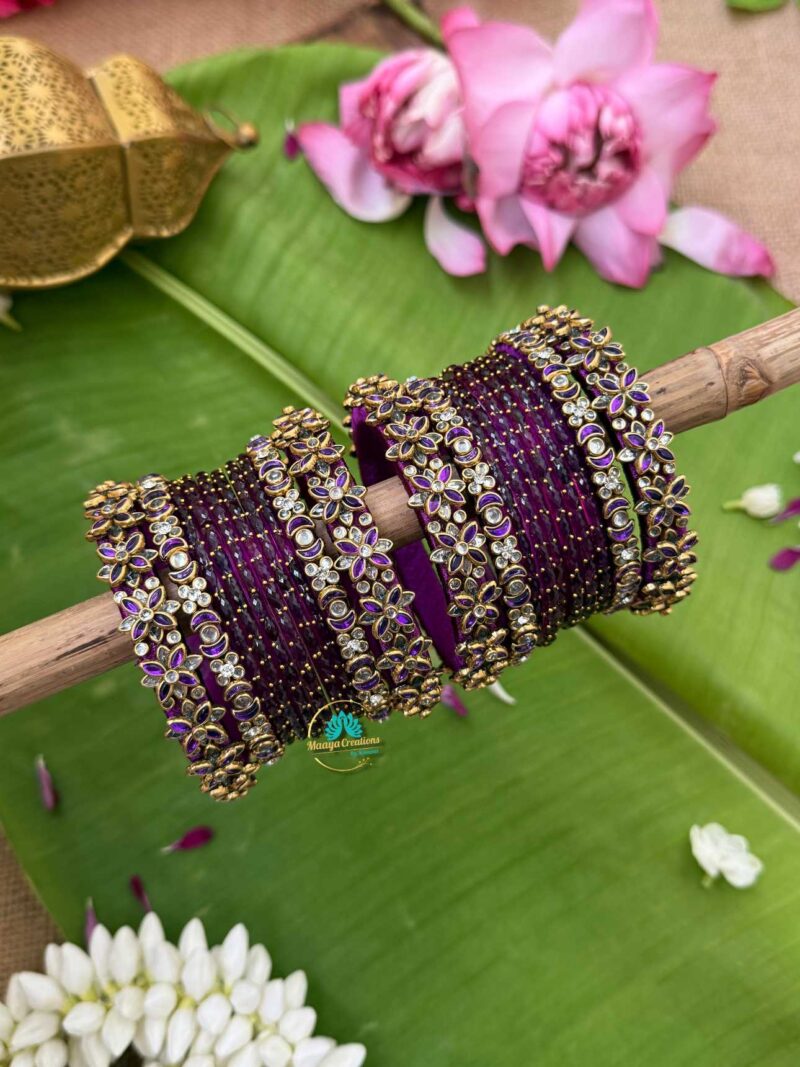3D-Purple & White Silk Thread with Glass Bangles Combo- BC373 - Image 2