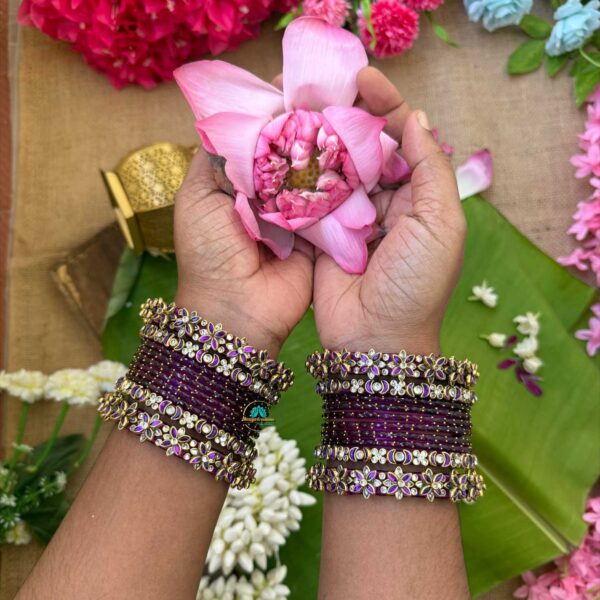 3D-Purple & White Silk Thread with Glass Bangles Combo- BC373