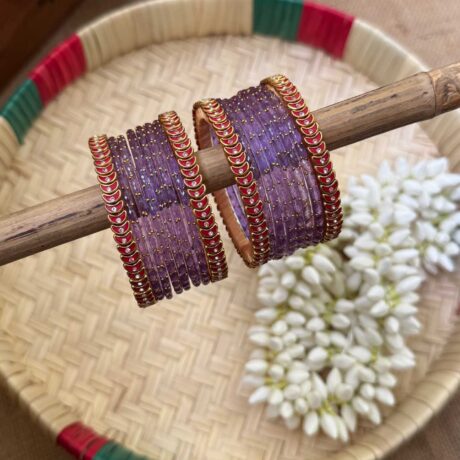 Red & Lavender Silk Thread Glass Bangles Combo- BC387