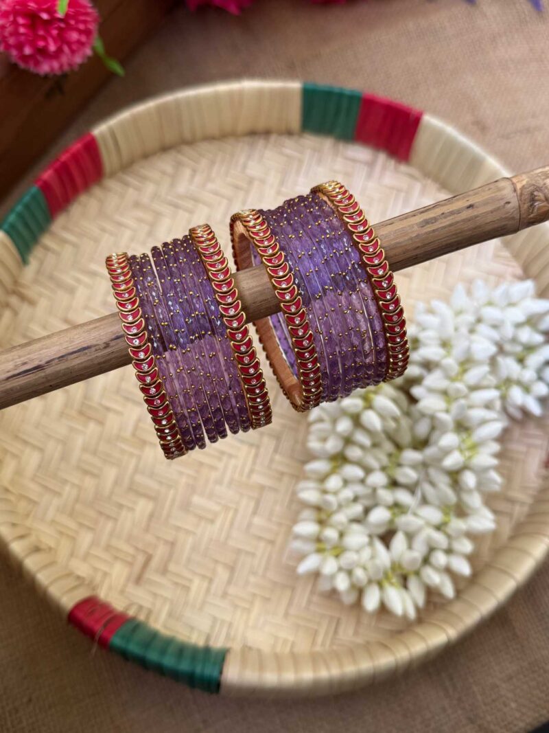 Red & Lavender Silk Thread Glass Bangles Combo- BC387