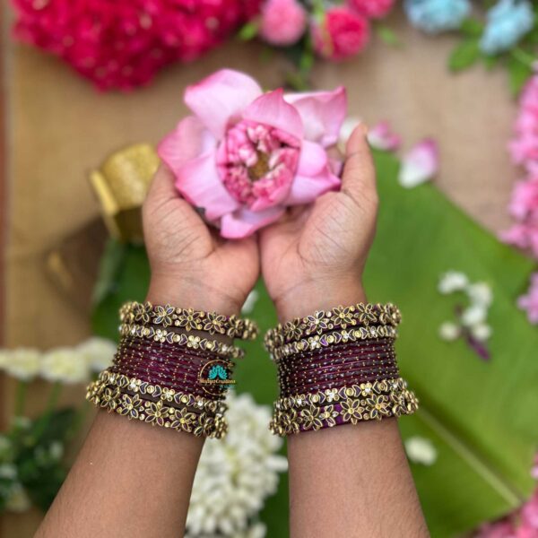 3D-Wine & Gold Silk Thread with Glass Bangles Combo- BC374