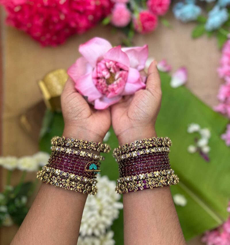 3D-Wine & Gold Silk Thread with Glass Bangles Combo- BC374