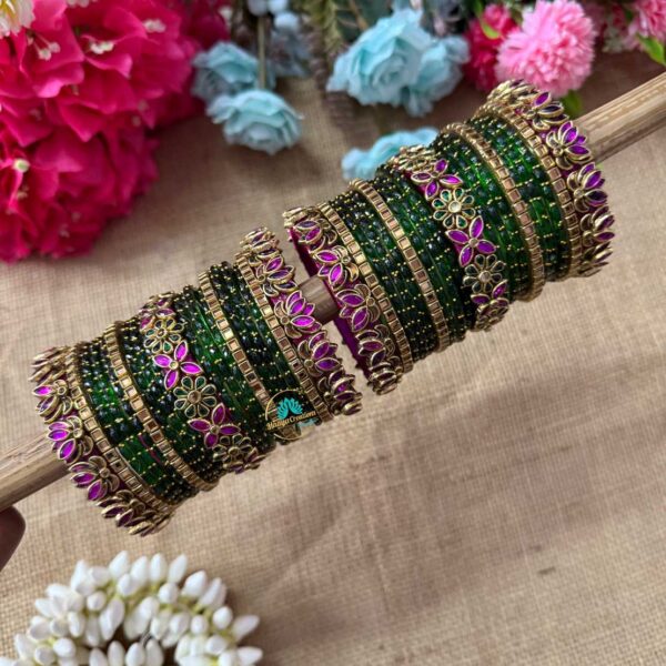 3D-Lotus Pink & Green Silk Thread Glass Bangles Combo- BC376