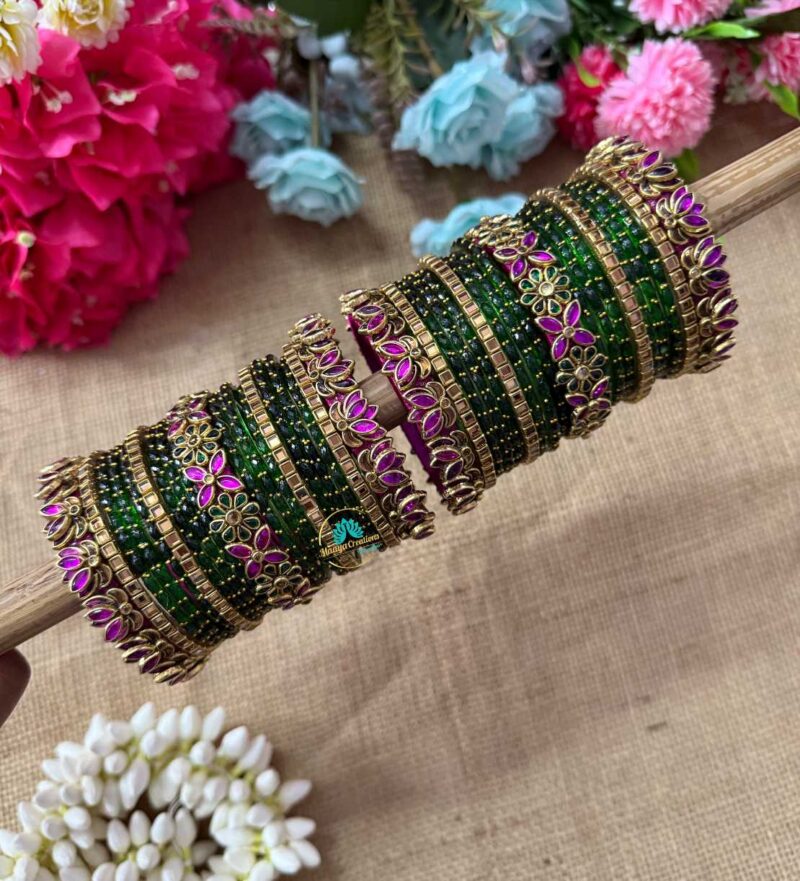 3D-Lotus Pink & Green Silk Thread Glass Bangles Combo- BC376