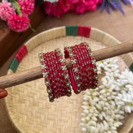 Pink Triangle Dice & Dot Silk Thread Glass Bangles Combo- BC378