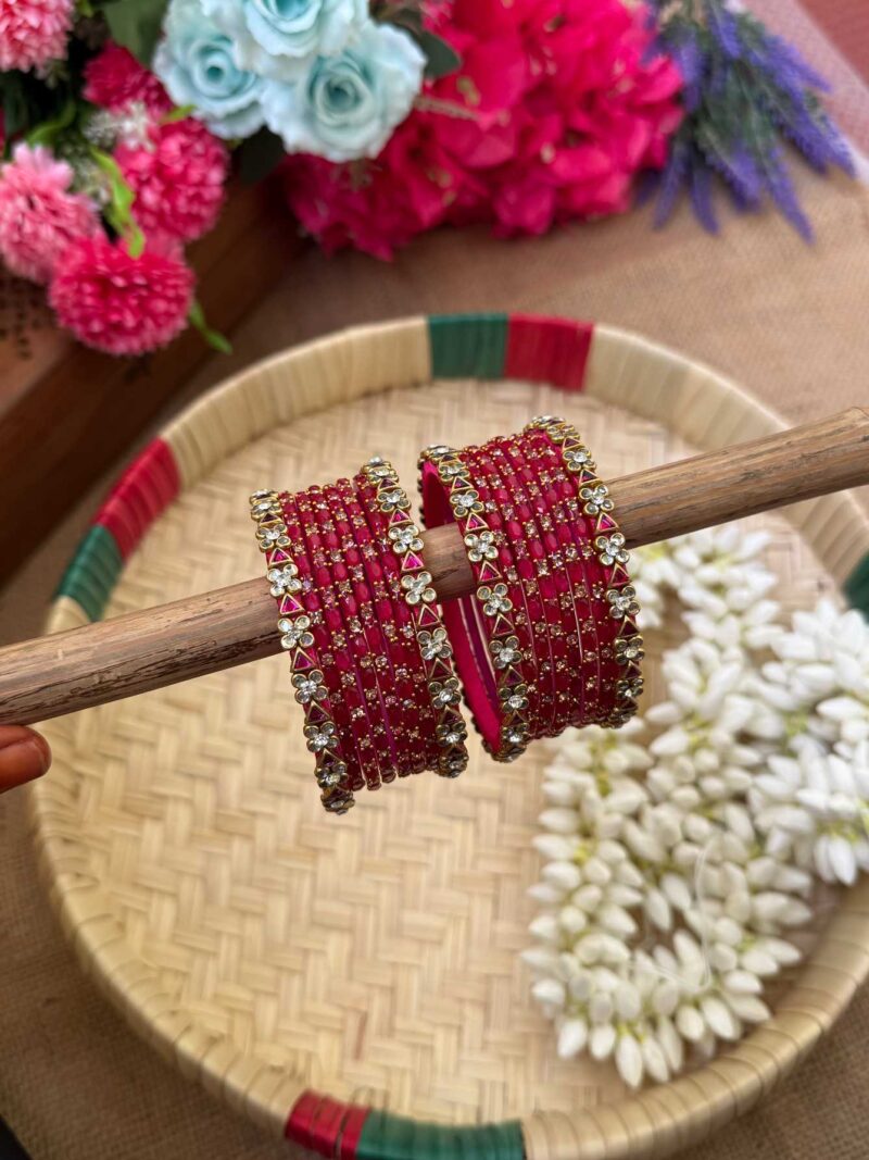 Pink Triangle Dice & Dot Silk Thread Glass Bangles Combo- BC378