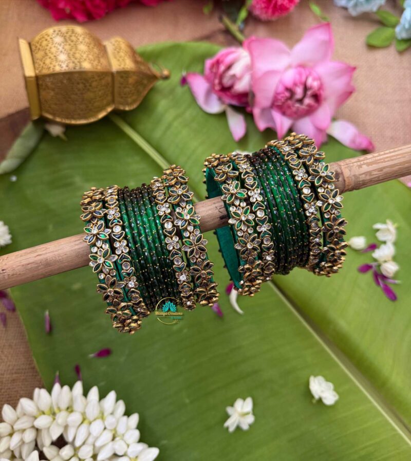 3D-Green & White Silk Thread with Glass Bangles Combo- BC370 - Image 2