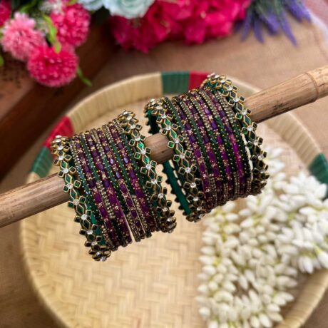 Green & Purple Silk Thread Glass Bangles Combo- BC381 - 2.8