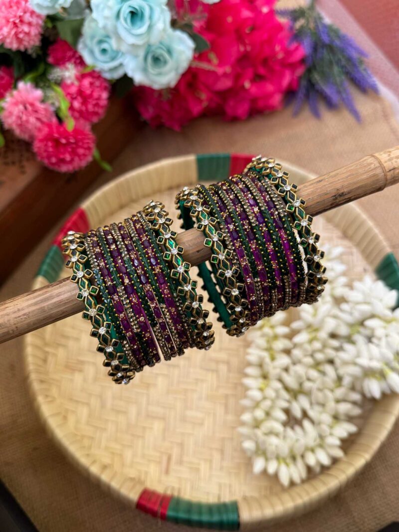 Green & Purple Silk Thread Glass Bangles Combo- BC381