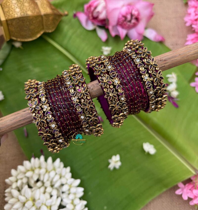 3D-Wine & Gold Silk Thread with Glass Bangles Combo- BC374 - Image 2