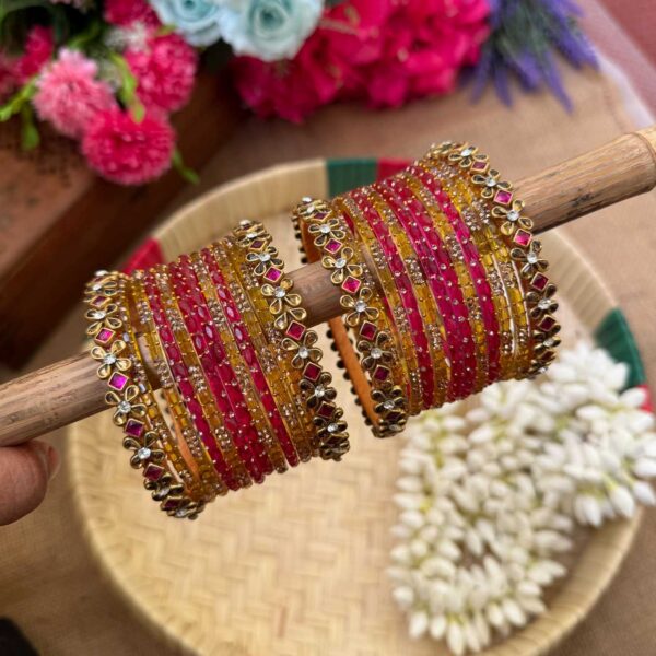 Pink & Yellow Silk Thread Glass Bangles Combo- BC382