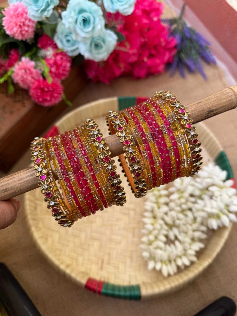 Pink & Yellow Silk Thread Glass Bangles Combo- BC382