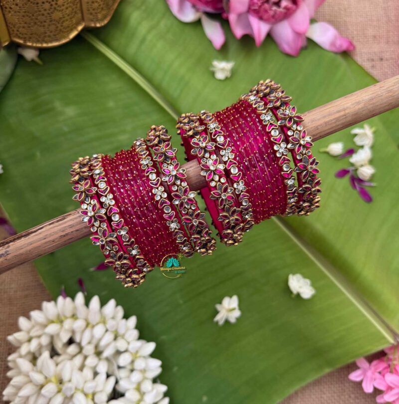 3D-Bright Pink & White Silk Thread with Glass Bangles Combo- BC371 - Image 2