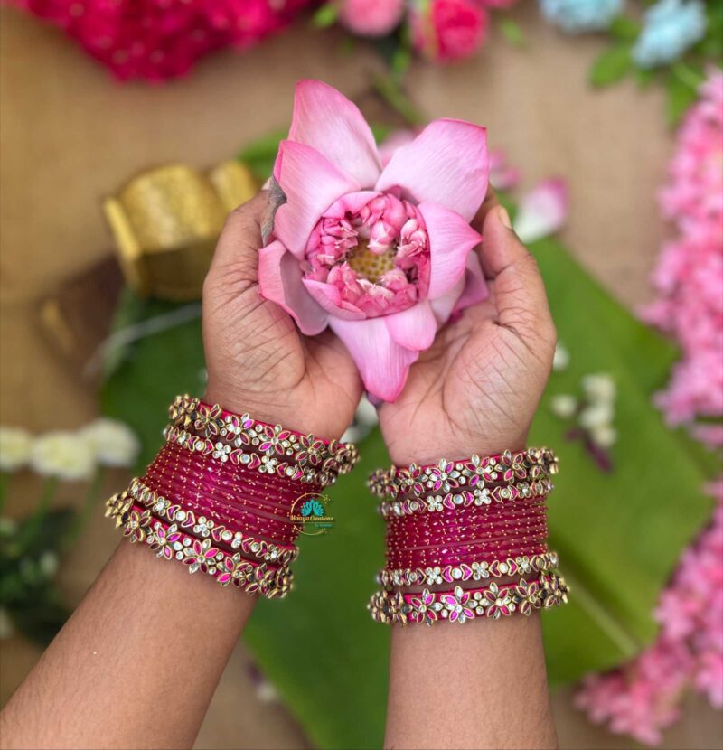 3D-Bright Pink & White Silk Thread with Glass Bangles Combo- BC371