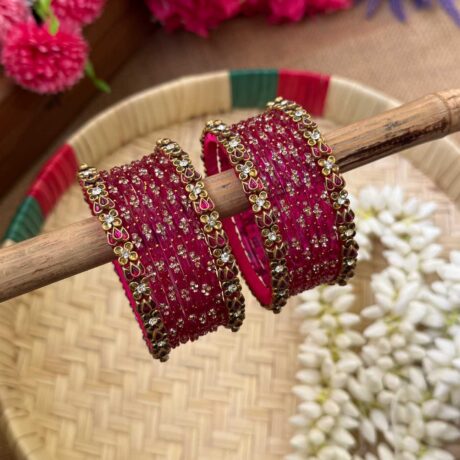 Bright Pink Lotus Dice & Dot Silk Thread Glass Bangles Combo- BC385