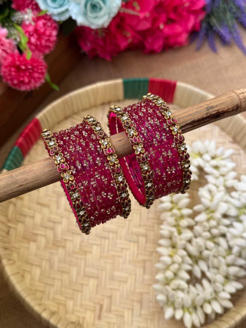 Bright Pink Lotus Dice & Dot Silk Thread Glass Bangles Combo- BC385