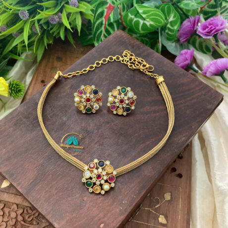 Gold Look Alike Multi Floral Pendent AD Stone Neck Set- IM50