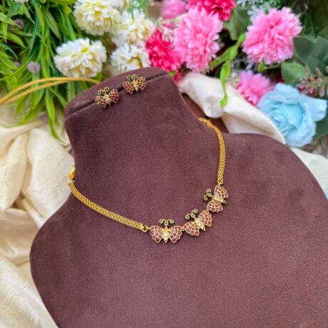 Unique Antique Ruby Red & Green Butterfly Choker- IM60