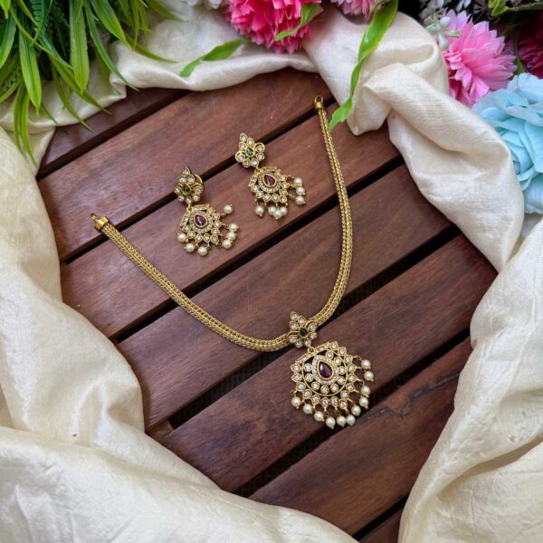 Gold Look Alike AD Stone Single Pendent Neck Set - IM64
