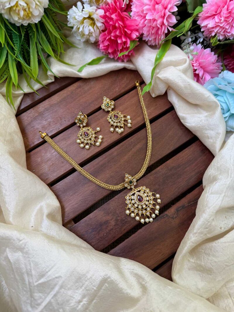Gold Look Alike AD Stone Single Pendent Neck Set - IM64