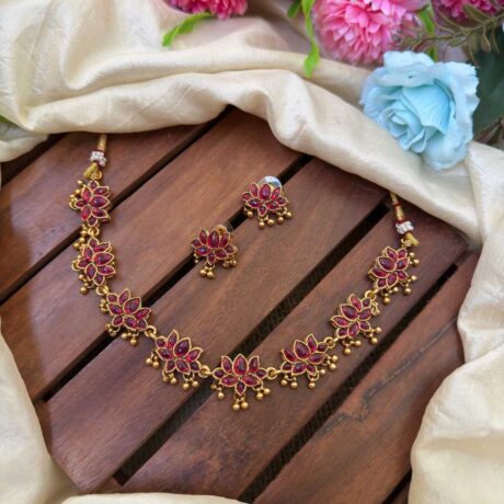 Stylish Antique Red AD Stone Lotus Choker- IM73