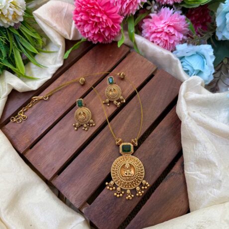Invisible Antique Round Lakshmi Pendent Green Neck Set- IM120