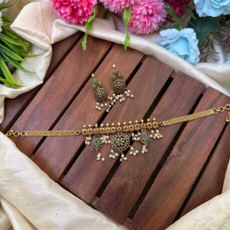 Simple Gold Look Green AD Stone Neck Set- IM94