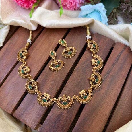 Fancy Half Moon Green AD Stone Neck Set- IM96