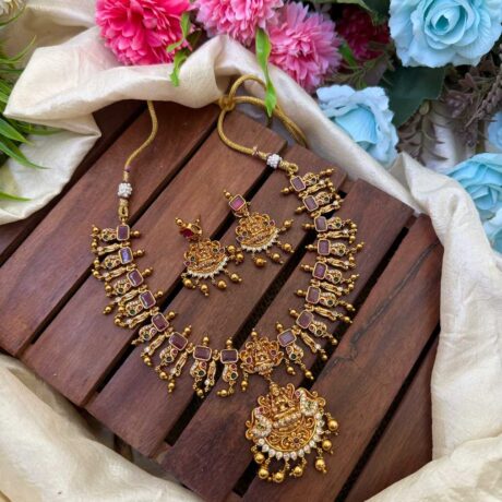 Elegent Antique Peacock  Red AD Stone Neck Set- IM100