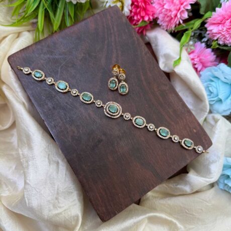Elegent Diamond Look Alike Pastel Green Oval Short Choker- IM59