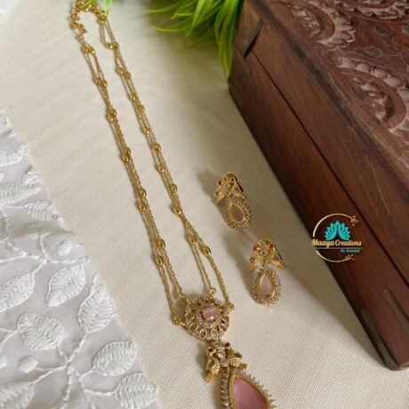 Fancy Baby Pink AD Stone Pendent Two Layer Chain- IM39