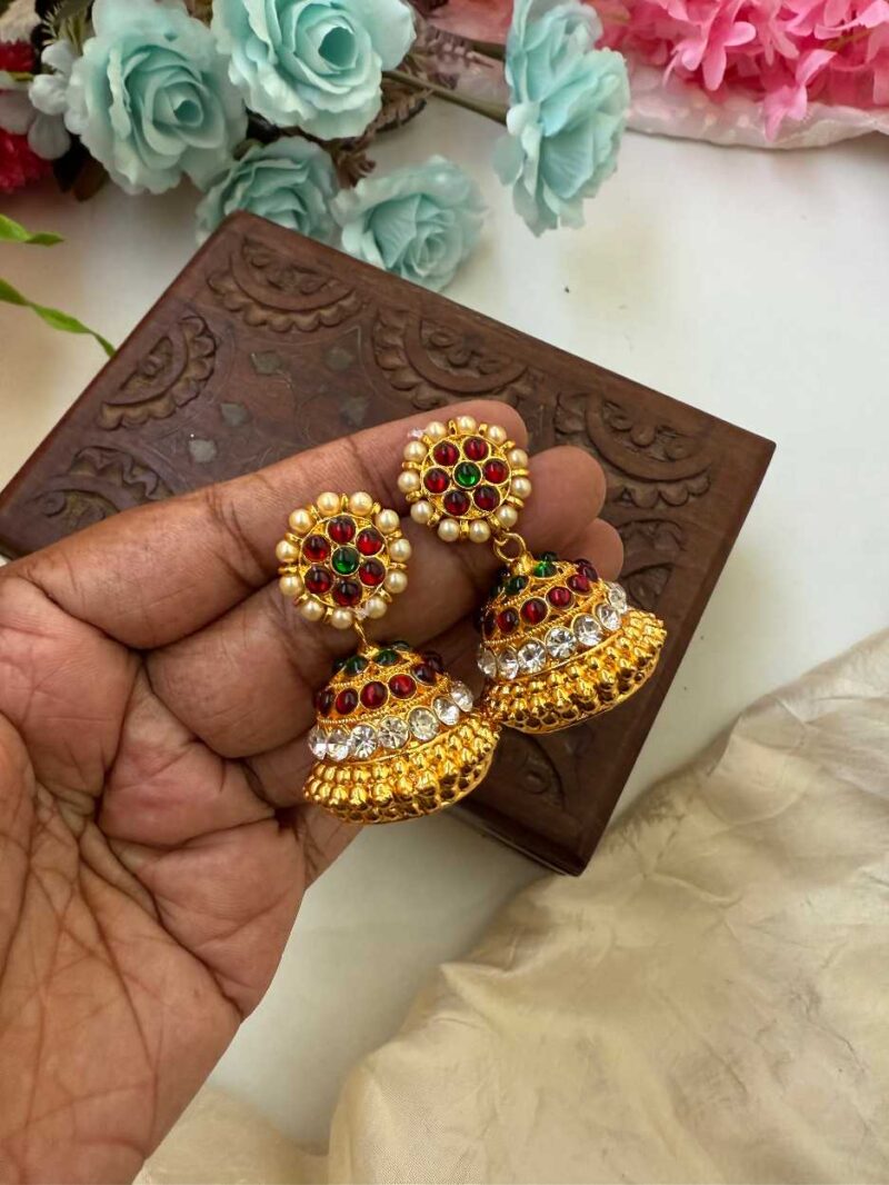 Kemp 3 Layers Stone Red & Green Jhumkas -KJ041