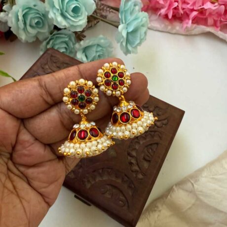 Kemp 2 Layers Stone Red & Green Jhumkas -KJ035