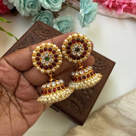 Kemp 3 Layers Stone Red & Green Jhumkas -KJ034