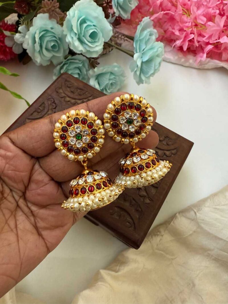 Kemp 3 Layers Stone Red & Green Jhumkas -KJ034