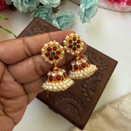 Kemp 3 Layers Stone Red & Green Jhumkas -KJ031